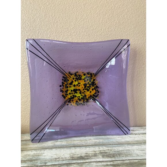 Susan Maxfield Handcrafted Purple & Yellow Fused Glass Decorative Bowl 2003 - Picture 2 of 11